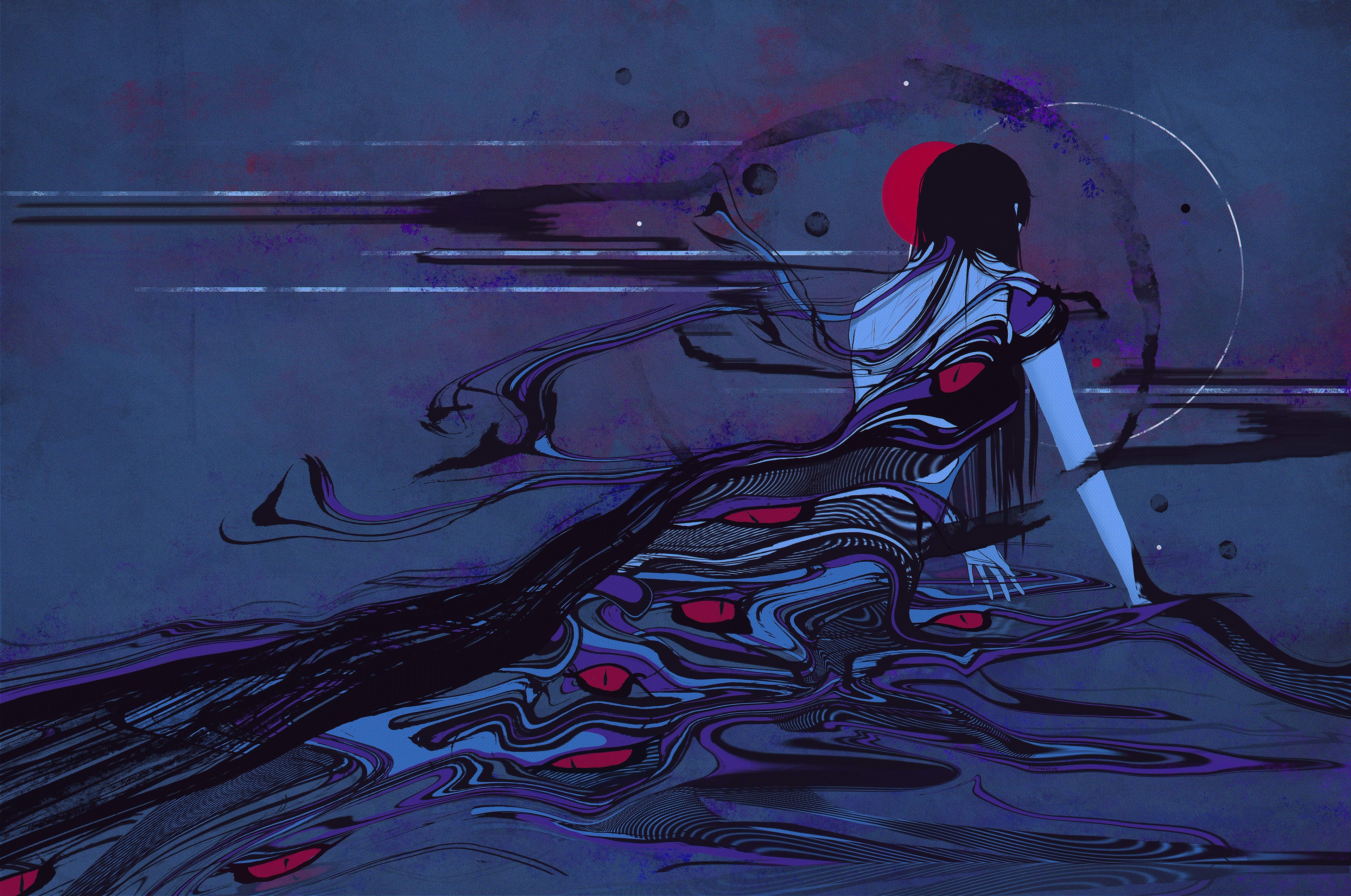 Abstract artwork with a figure holding a sword on a dark background