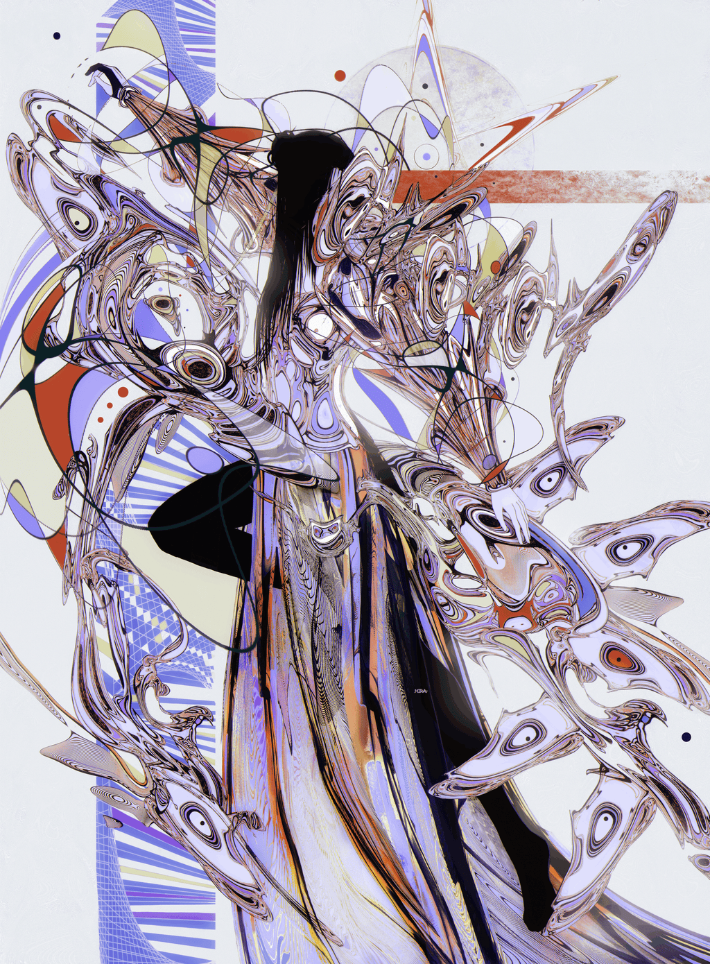 Abstract artwork with intricate patterns and colors on a white background