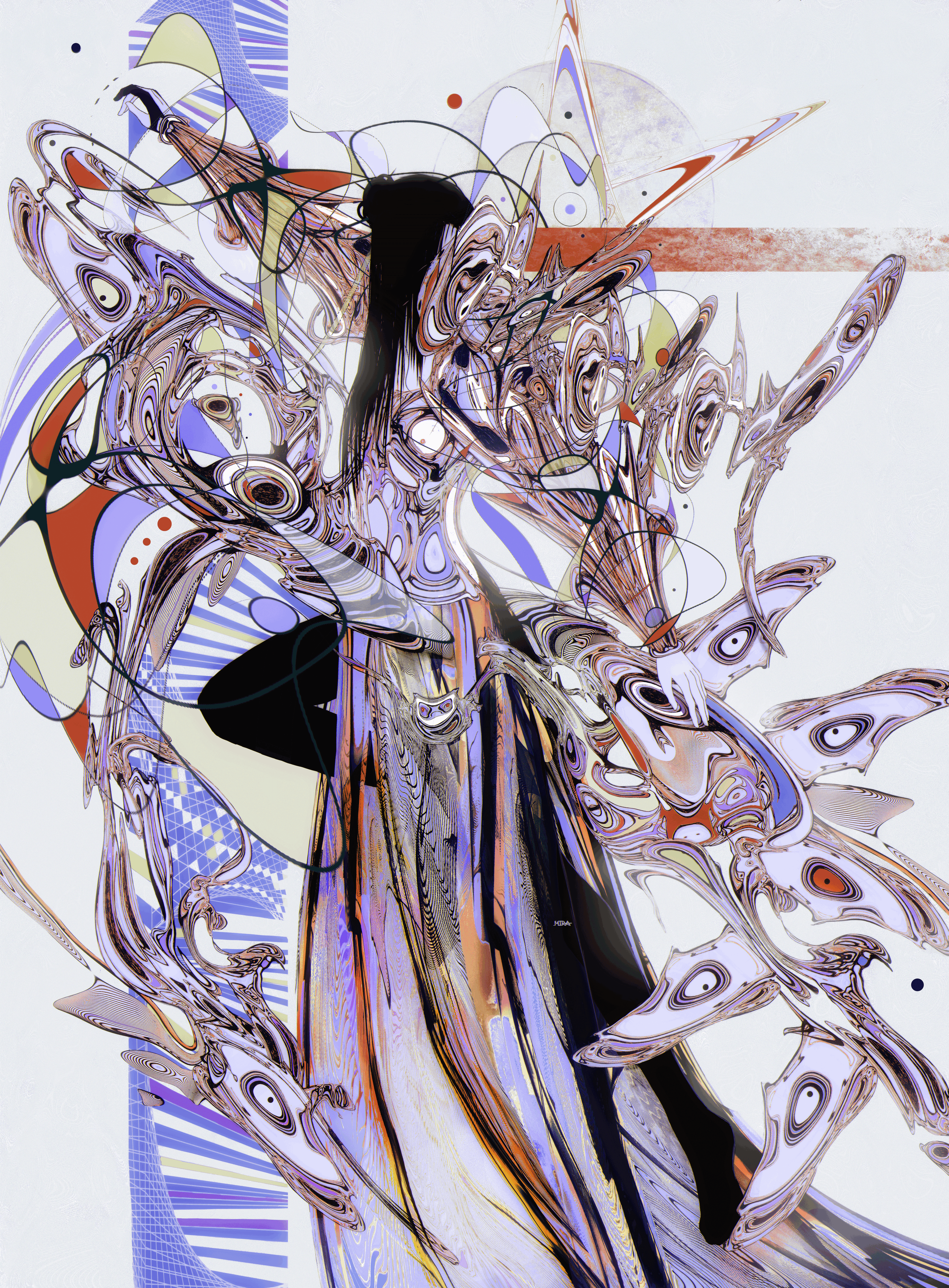 Abstract artwork with intricate patterns and colors on a white background
