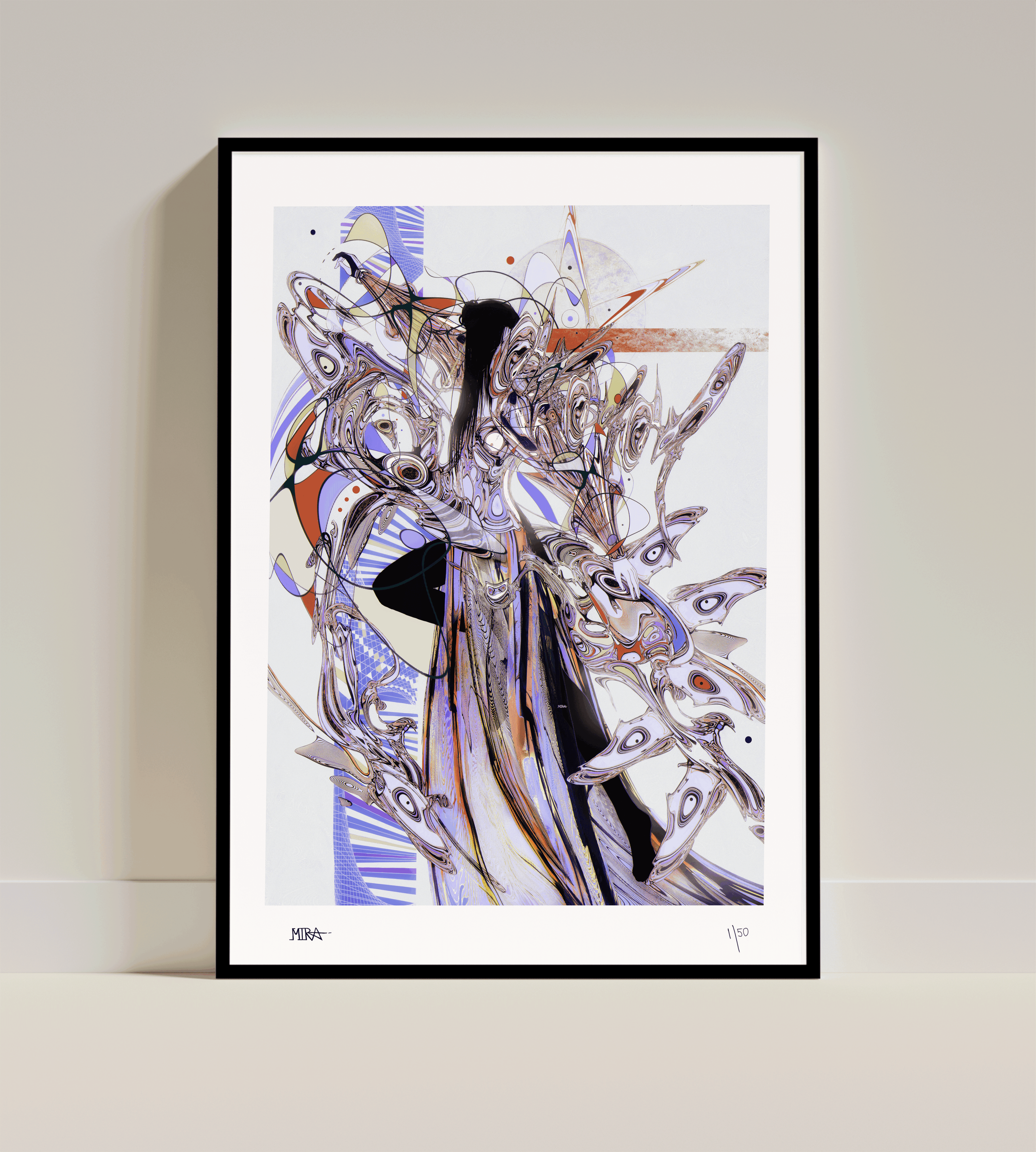 Framed abstract artwork on a white wall