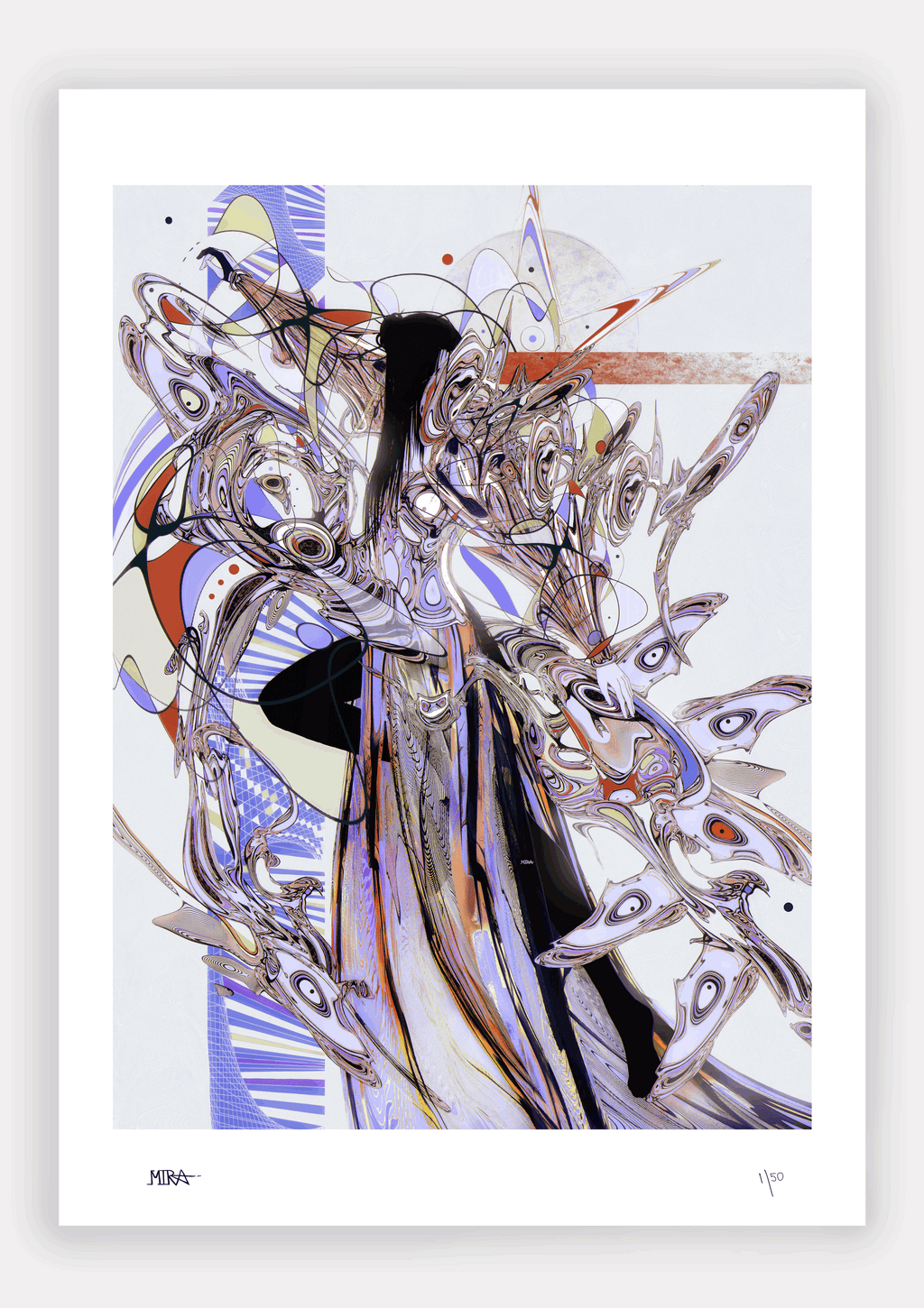 Framed abstract artwork on a white wall