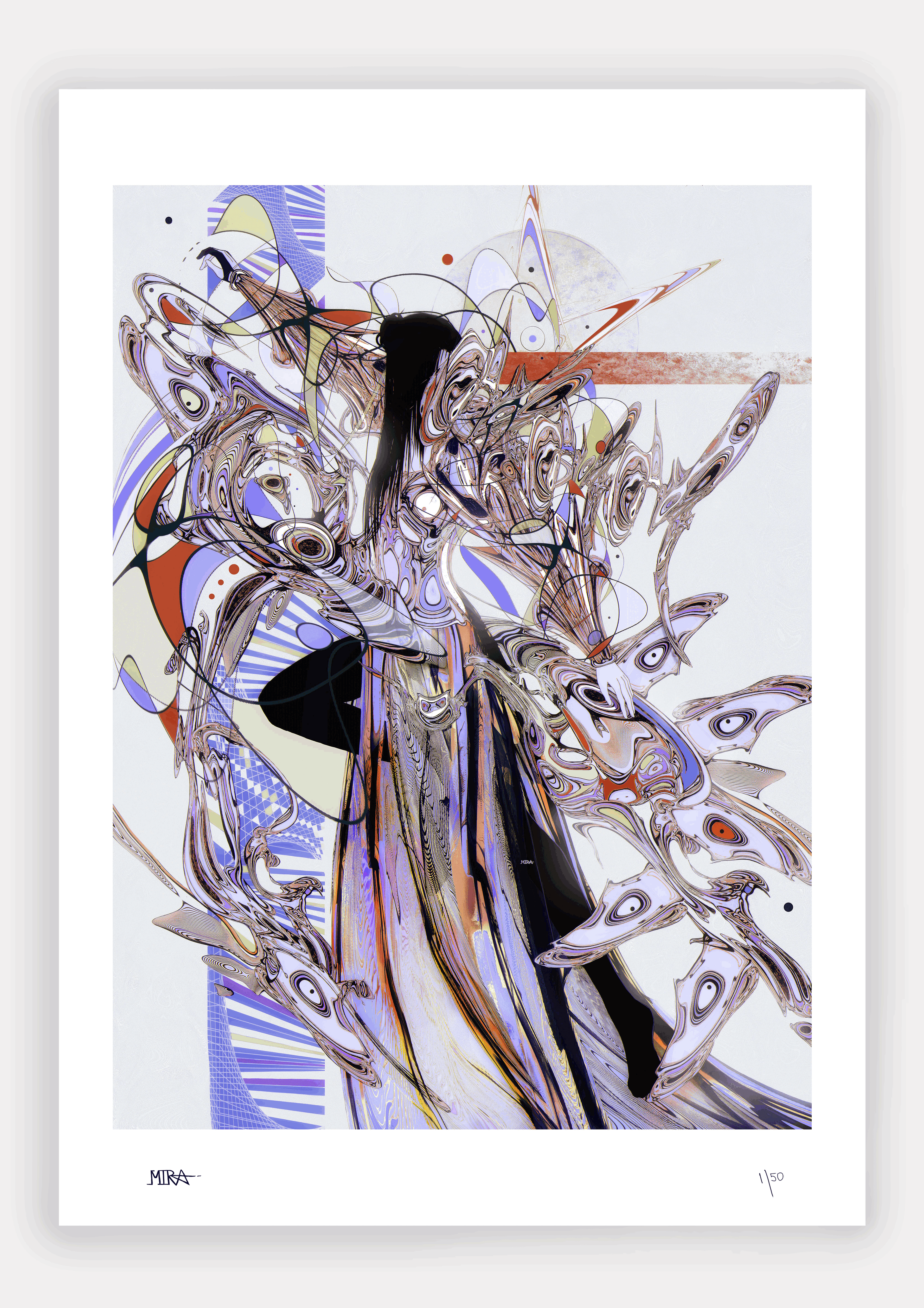 Framed abstract artwork on a white wall