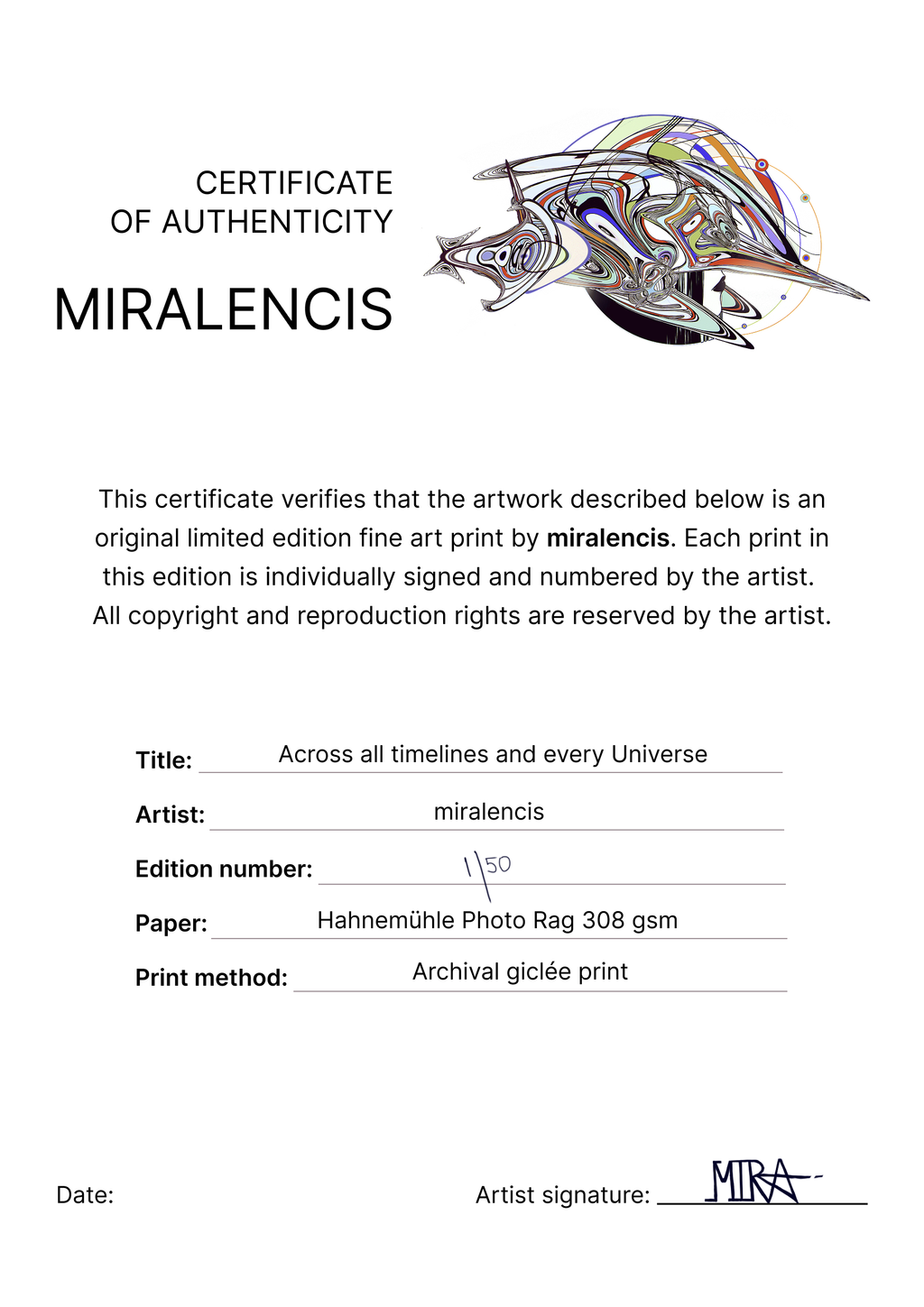 Certificate of Authenticity for a limited edition fine art print by miralencis with artwork details.