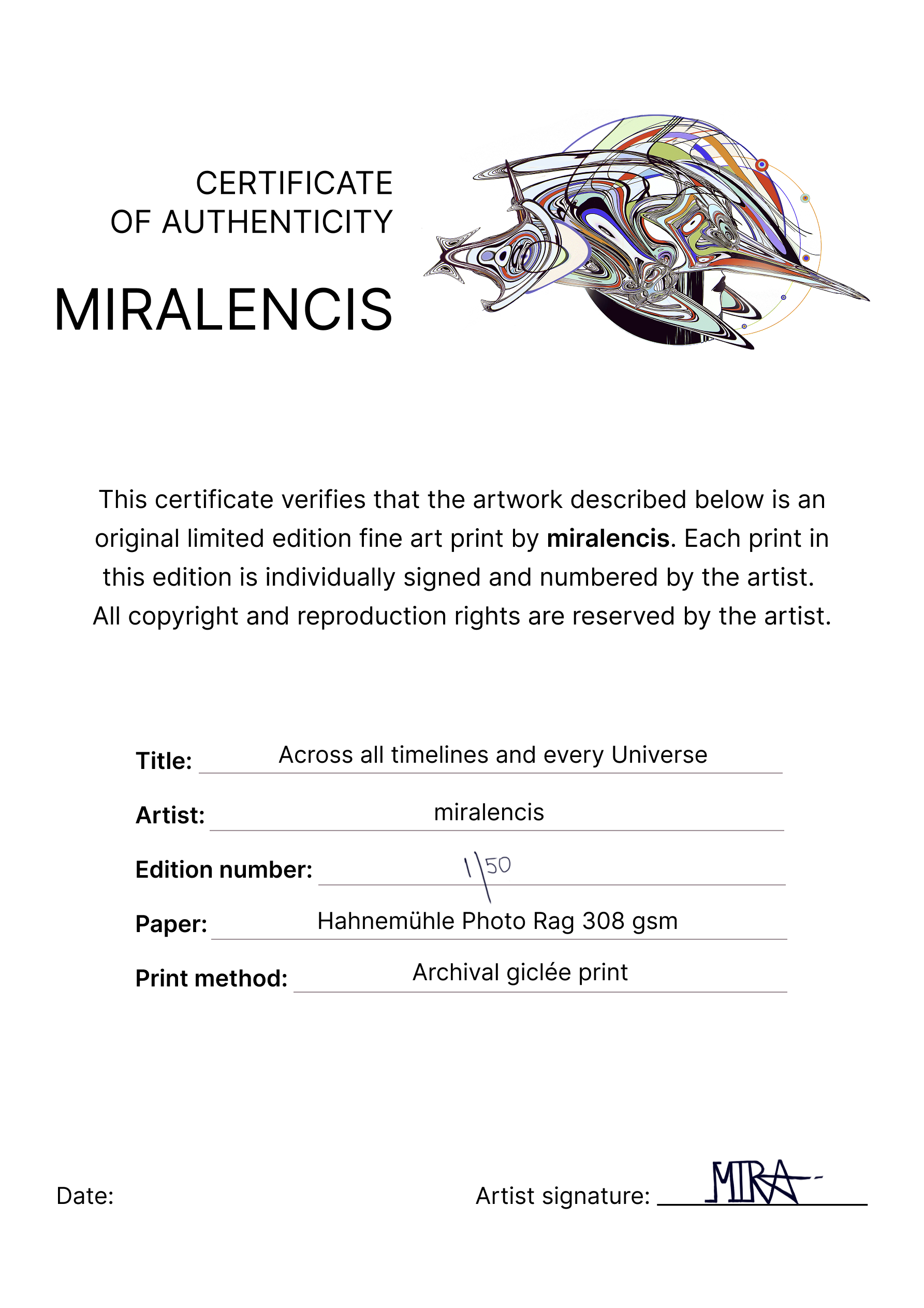 Certificate of Authenticity for a limited edition fine art print by miralencis with artwork details.