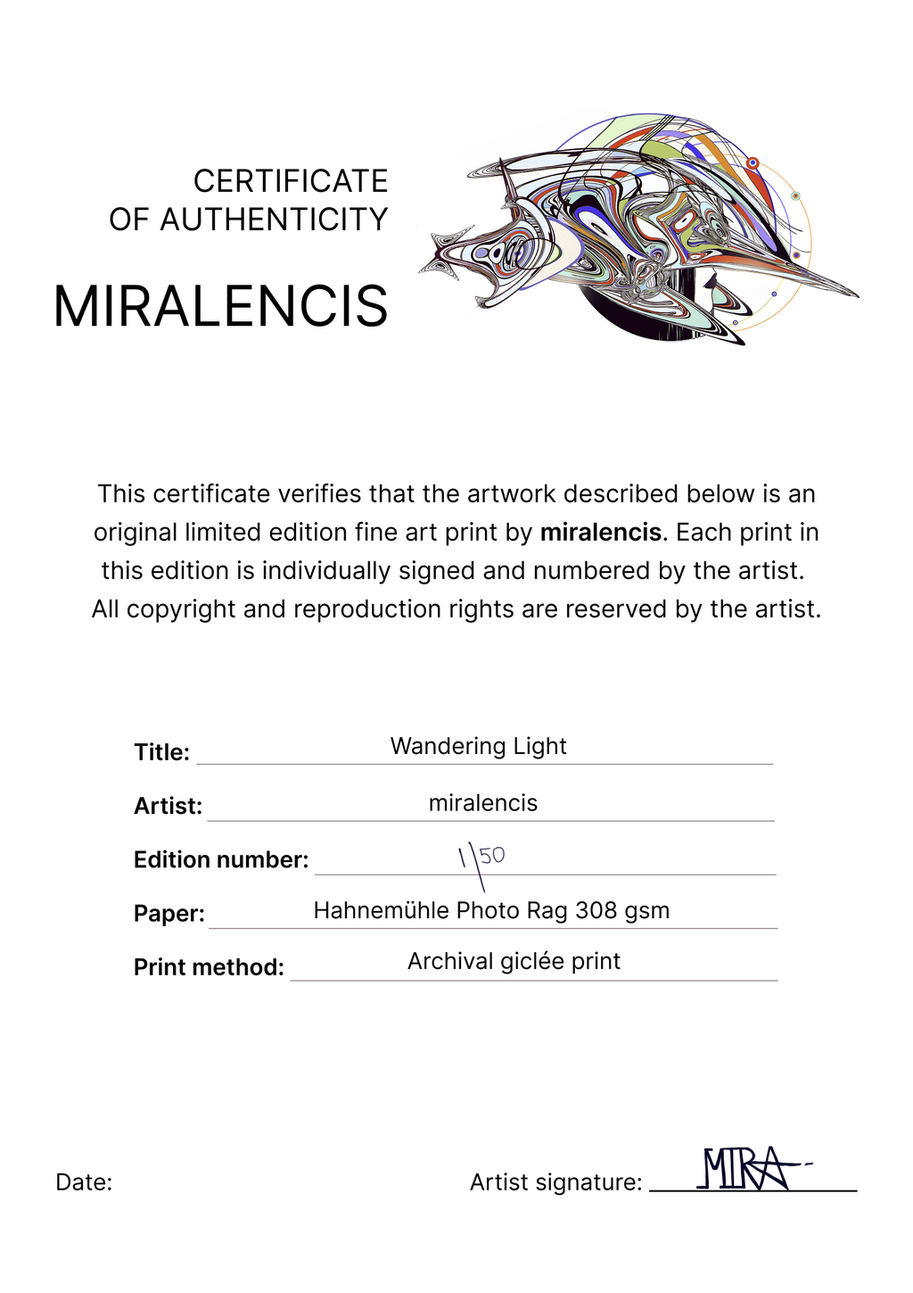 Certificate of Authenticity for an artwork by miralencls with a colorful abstract design.