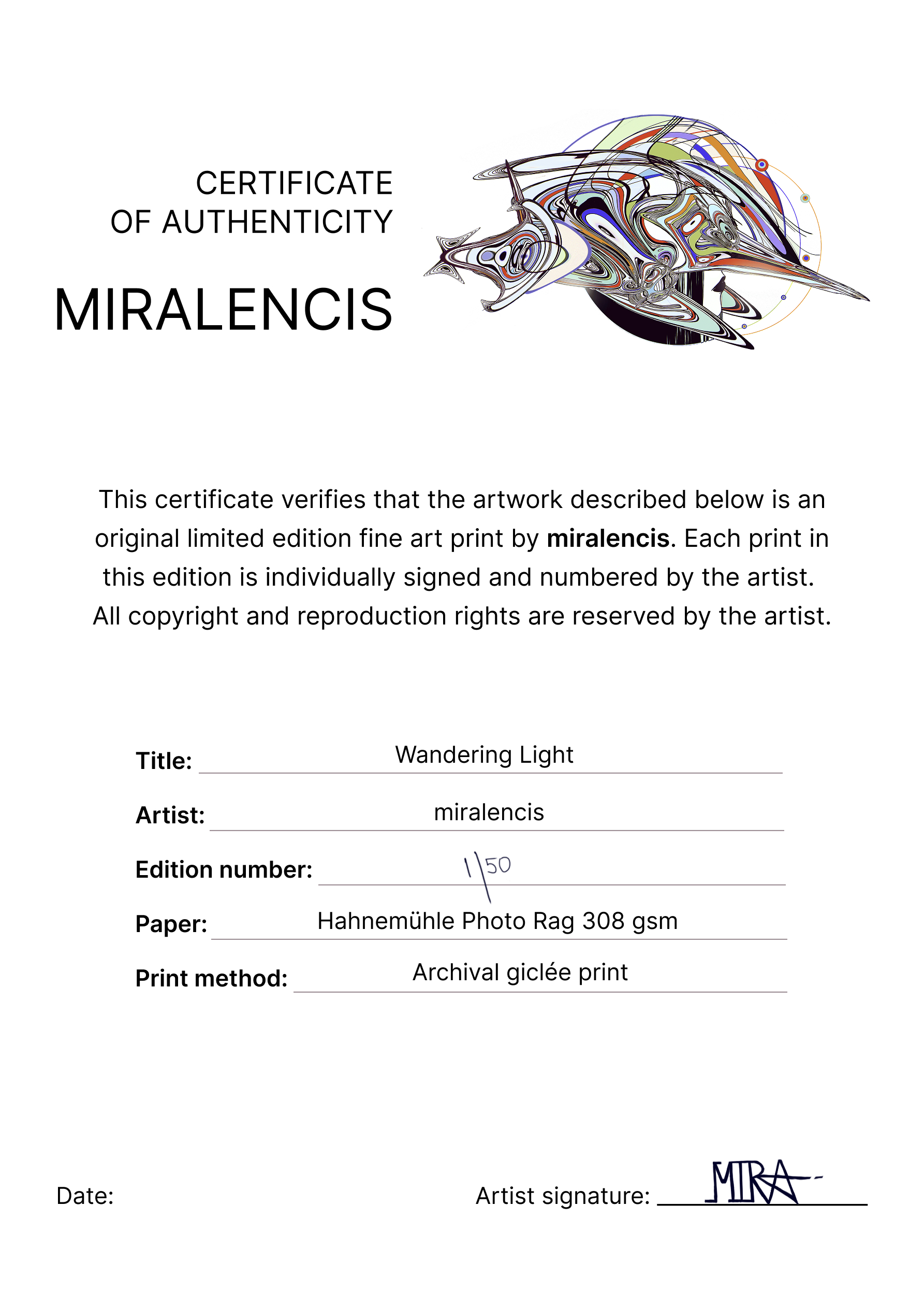 Certificate of Authenticity for an artwork by miralencls with a colorful abstract design.