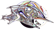 Abstract, multicolored fish-like creature on a white background