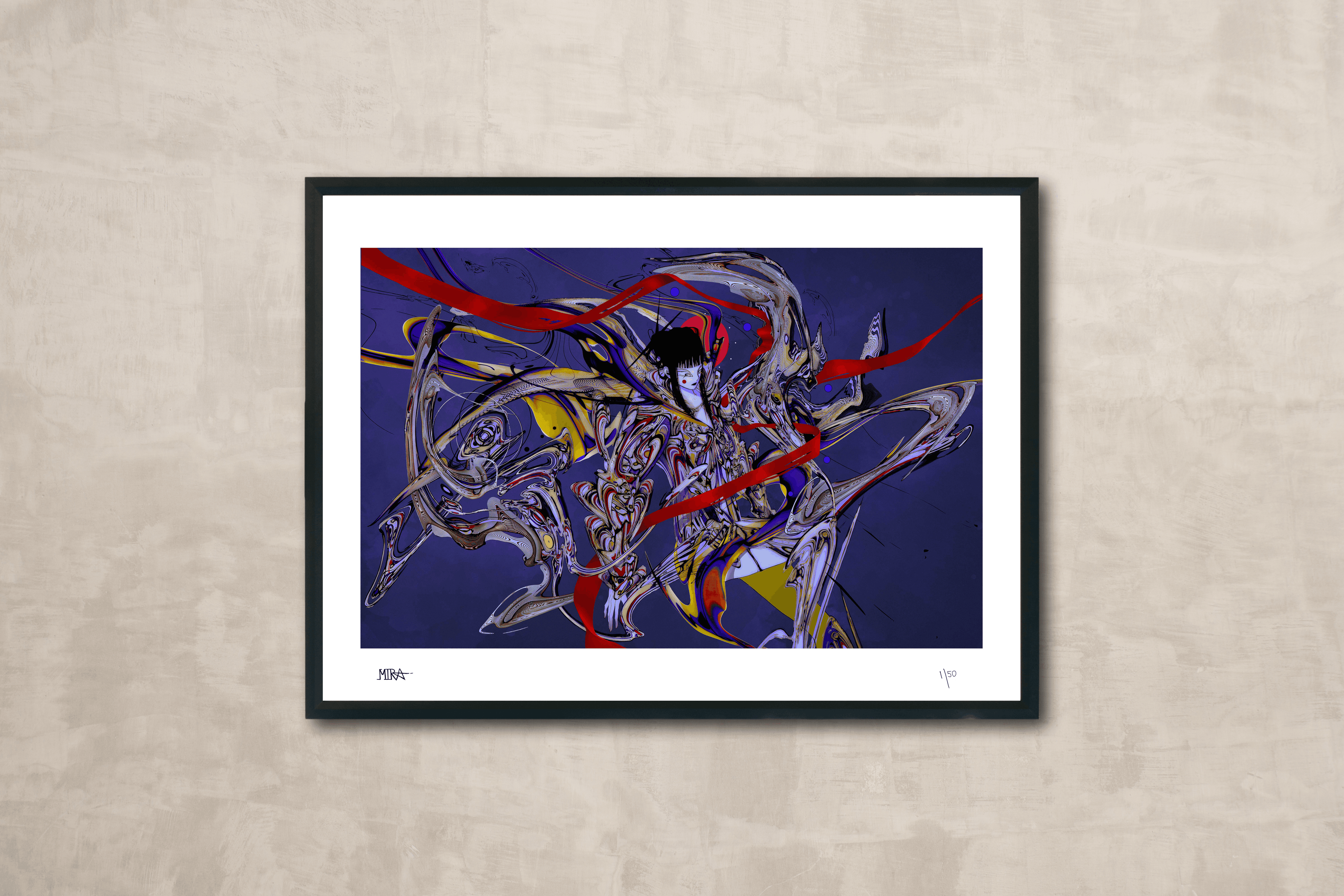 Framed abstract artwork with colorful lines on a beige wall