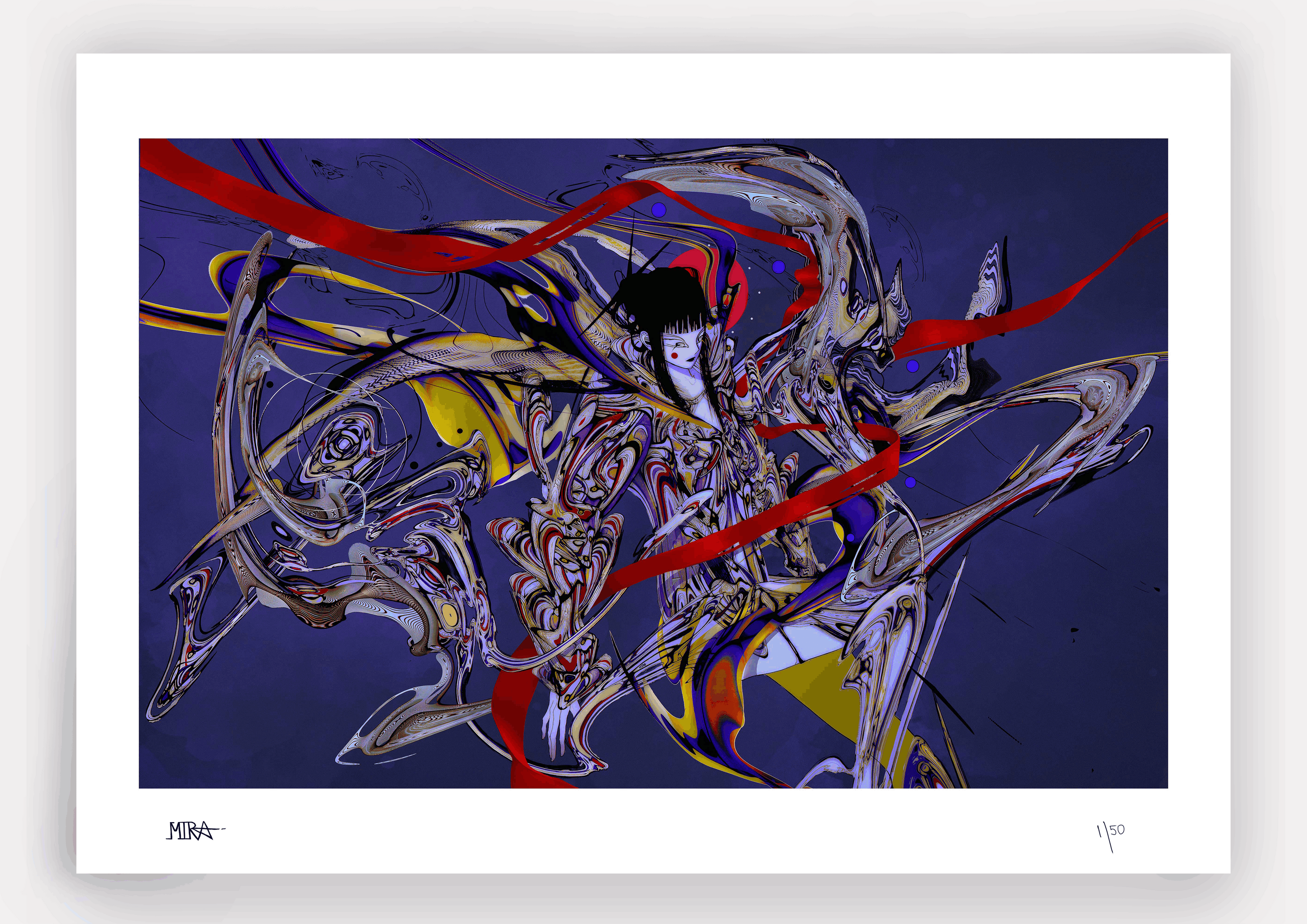 Abstract artwork with dynamic lines and shapes on a dark background